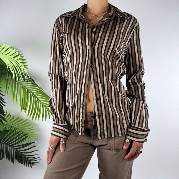 Vintage Y2K Brown Striped Dark Academia Fairy Grunge Button Up Shirt / 8 - Picture 4 of 6